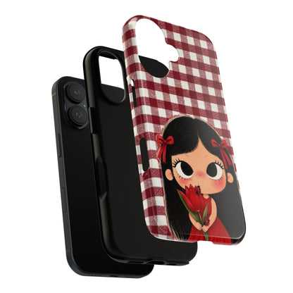 Cute Red Gingham Girl Phone Case – Floral Heartfelt Protective iPhone Cover