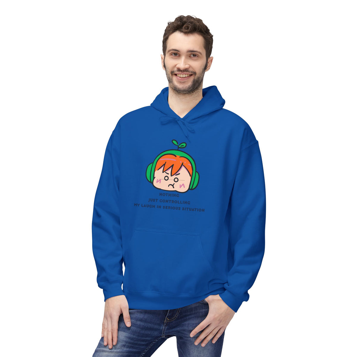 MINIMALIST & AESTHETIC |Hoodie — Cute Anime Girl with Headphones "Nothing, Just Controlling My Laugh" Graphic