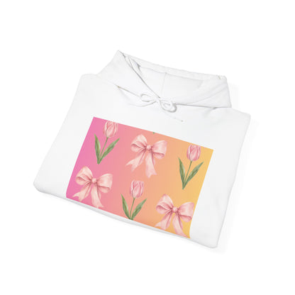 Floral Pink Bow Tulip Hoodie — Spring Pastel Graphic Sweatshirt