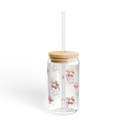Coquette|Cherry Blossom Sipper Glass - 16oz Floral Straw Tumbler with Bamboo Lid