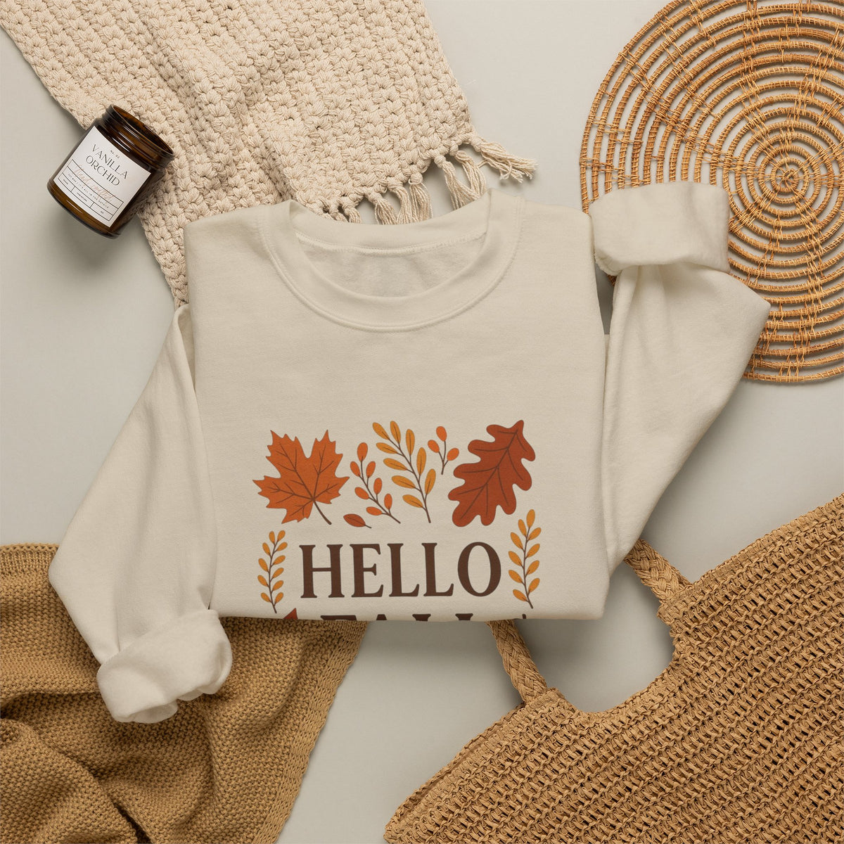 Hello Fall Crewneck Sweatshirt – Autumn Leaves Graphic Pullover