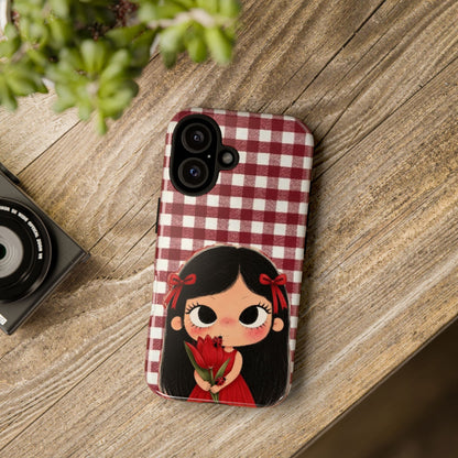 Cute Red Gingham Girl Phone Case – Floral Heartfelt Protective iPhone Cover