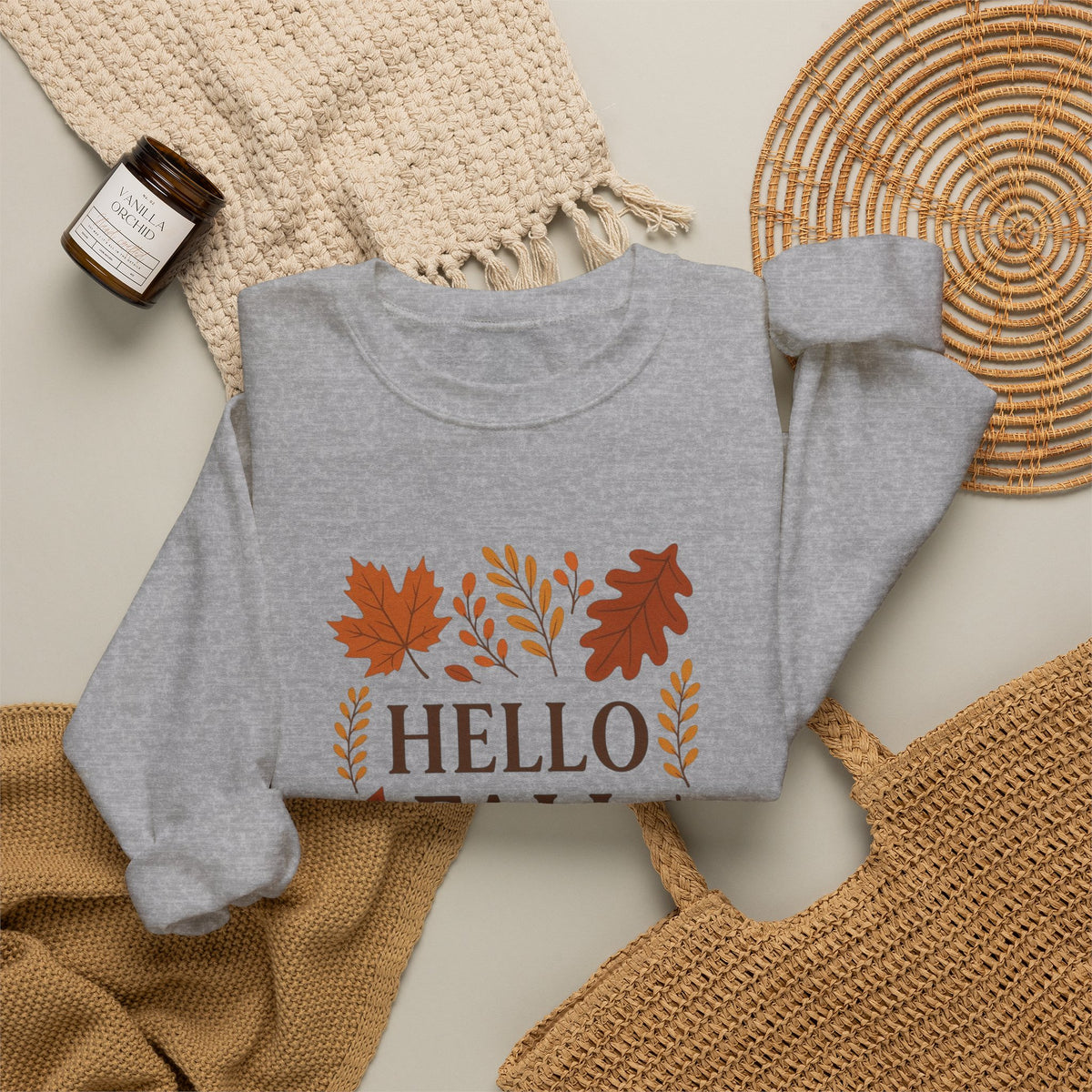 Hello Fall Crewneck Sweatshirt – Autumn Leaves Graphic Pullover