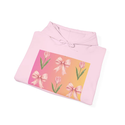 Floral Pink Bow Tulip Hoodie — Spring Pastel Graphic Sweatshirt