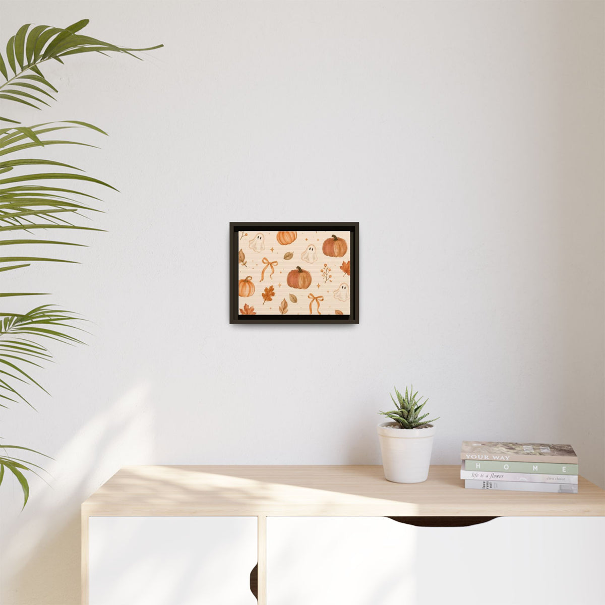 MINIMALIST| Wall art, Autumn Pumpkin & Ghost Framed Canvas — Halloween Fall Wall Art