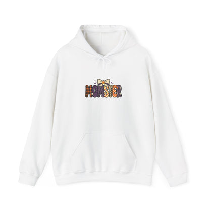 Momster Halloween Hoodie | spooky lettering, bats, purple & orange