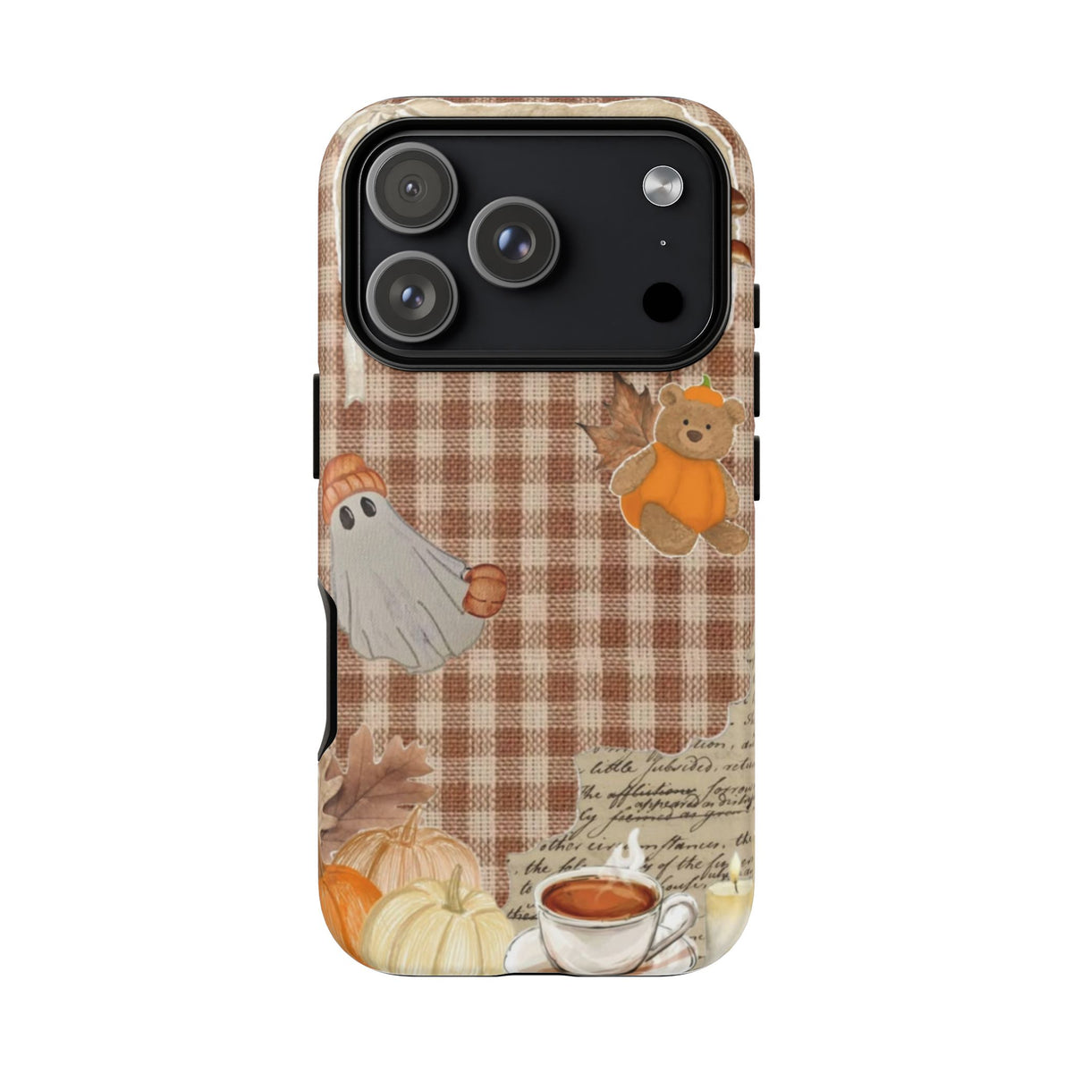 MINIMALIST & AESTHETIC |Phone Case - Cozy Autumn Plaid with Ghost, Pumpkins & Coffee