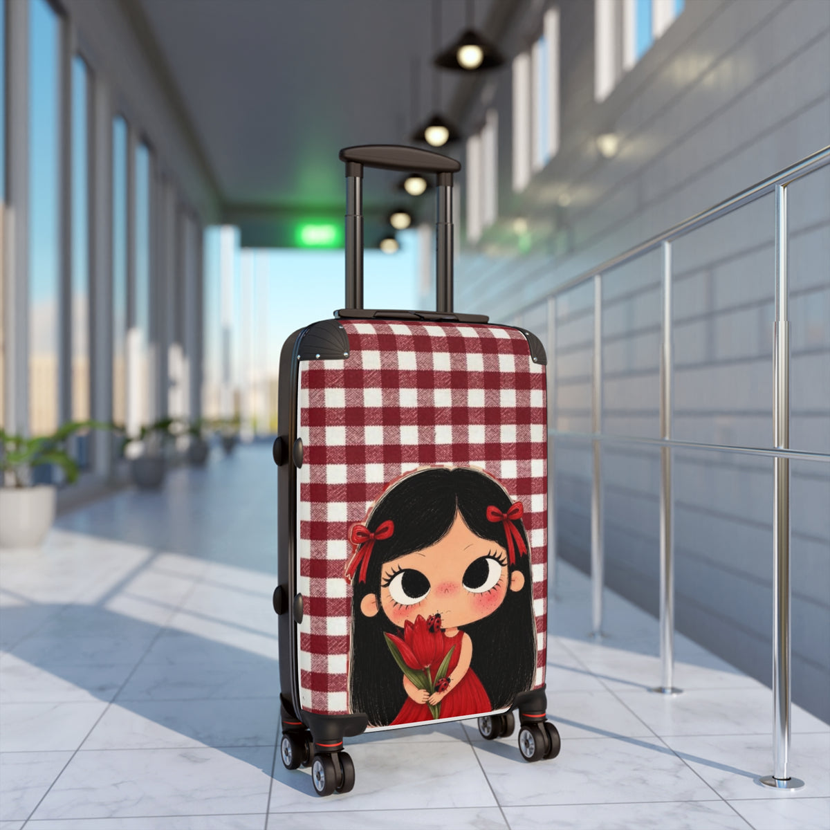 Cute Red Plaid Suitcase – Girl with Tulip Cute Travel Luggage