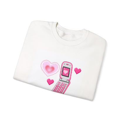 Retro Pink Flip Phone Sweatshirt — Cute Kawaii Heart Graphic Crewneck