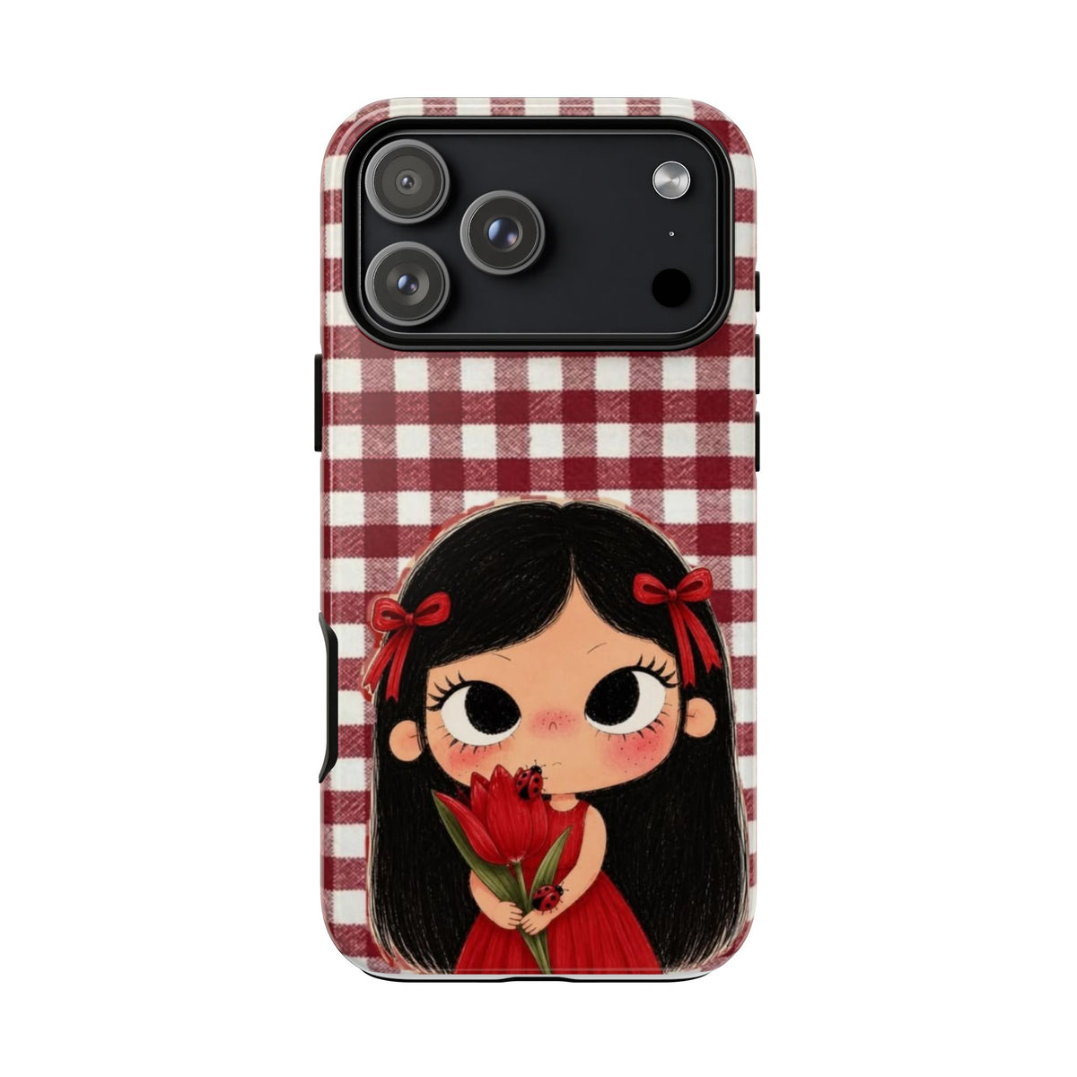Cute Red Gingham Girl Phone Case – Floral Heartfelt Protective iPhone Cover