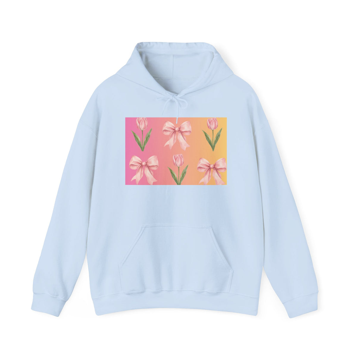 Floral Pink Bow Tulip Hoodie — Spring Pastel Graphic Sweatshirt