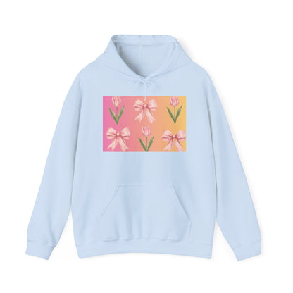 Floral Pink Bow Tulip Hoodie — Spring Pastel Graphic Sweatshirt