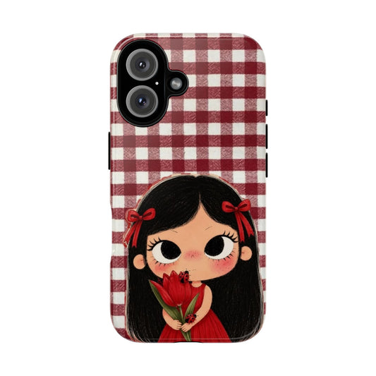 Cute Red Gingham Girl Phone Case – Floral Heartfelt Protective iPhone Cover