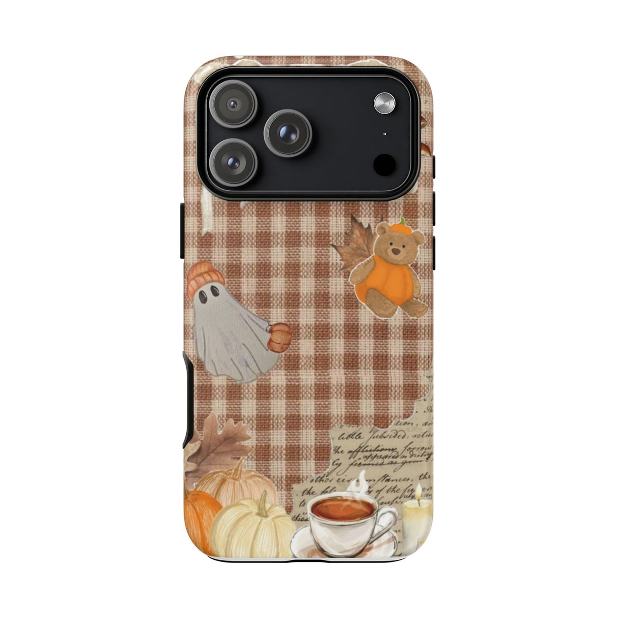 MINIMALIST & AESTHETIC |Phone Case - Cozy Autumn Plaid with Ghost, Pumpkins & Coffee