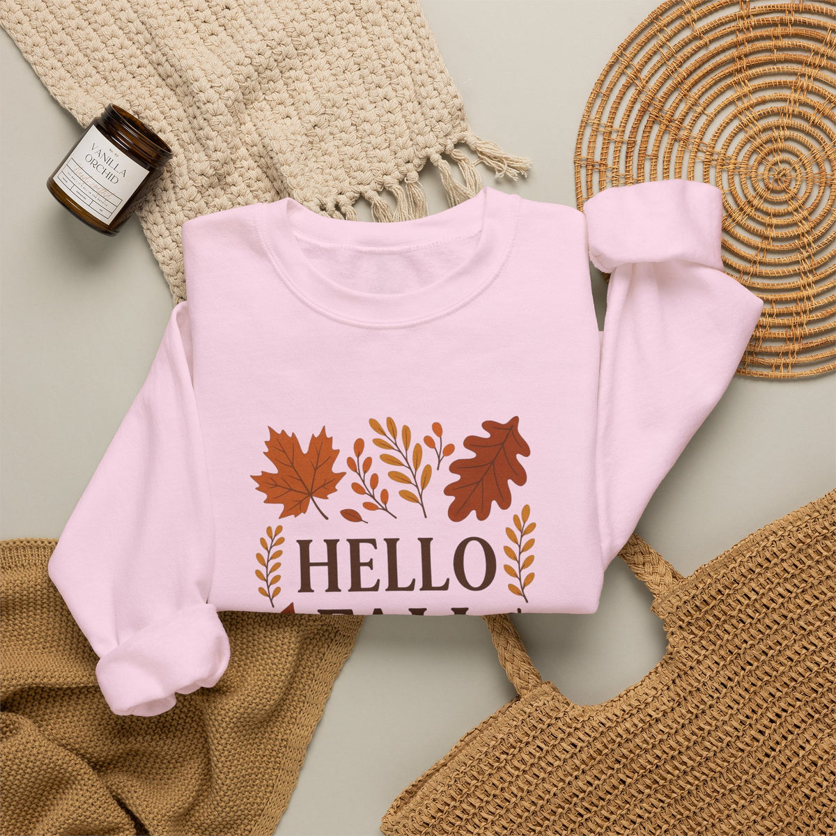 Hello Fall Crewneck Sweatshirt – Autumn Leaves Graphic Pullover