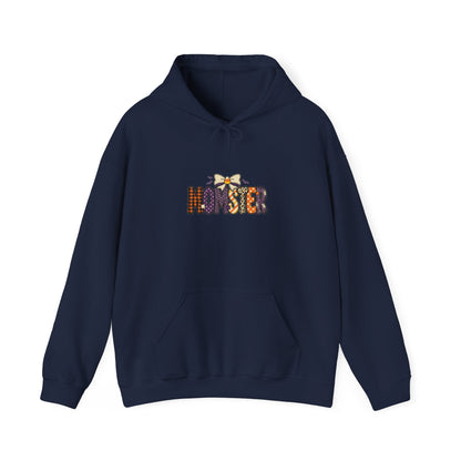 Momster Halloween Hoodie | spooky lettering, bats, purple & orange