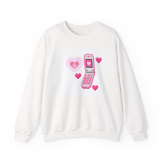 Retro Pink Flip Phone Sweatshirt — Cute Kawaii Heart Graphic Crewneck