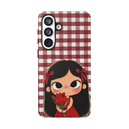 Cute Red Gingham Girl Phone Case – Floral Heartfelt Protective iPhone Cover