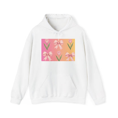 Floral Pink Bow Tulip Hoodie — Spring Pastel Graphic Sweatshirt