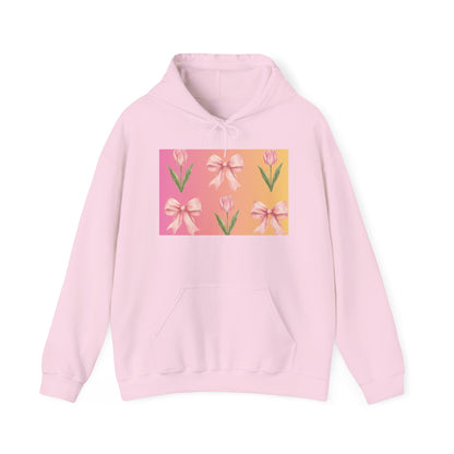 Floral Pink Bow Tulip Hoodie — Spring Pastel Graphic Sweatshirt
