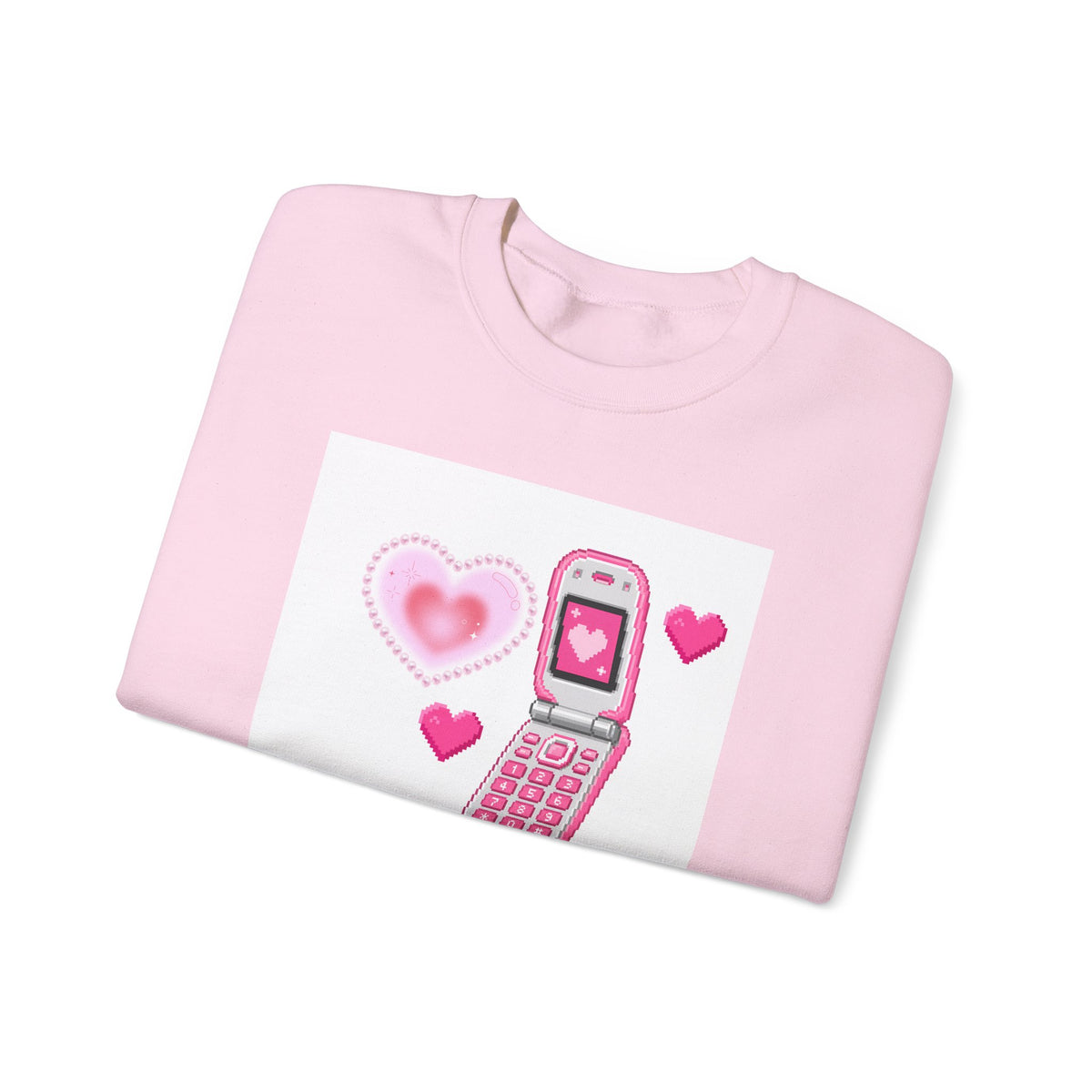 Retro Pink Flip Phone Sweatshirt — Cute Kawaii Heart Graphic Crewneck