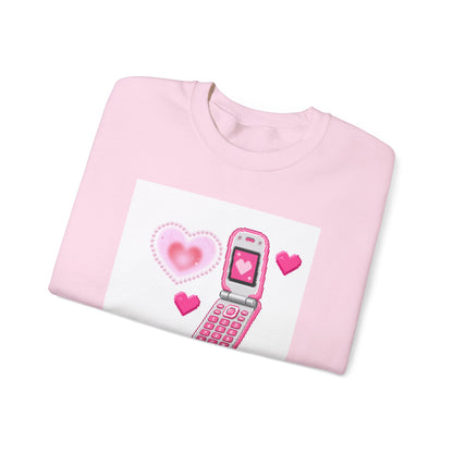 Retro Pink Flip Phone Sweatshirt — Cute Kawaii Heart Graphic Crewneck