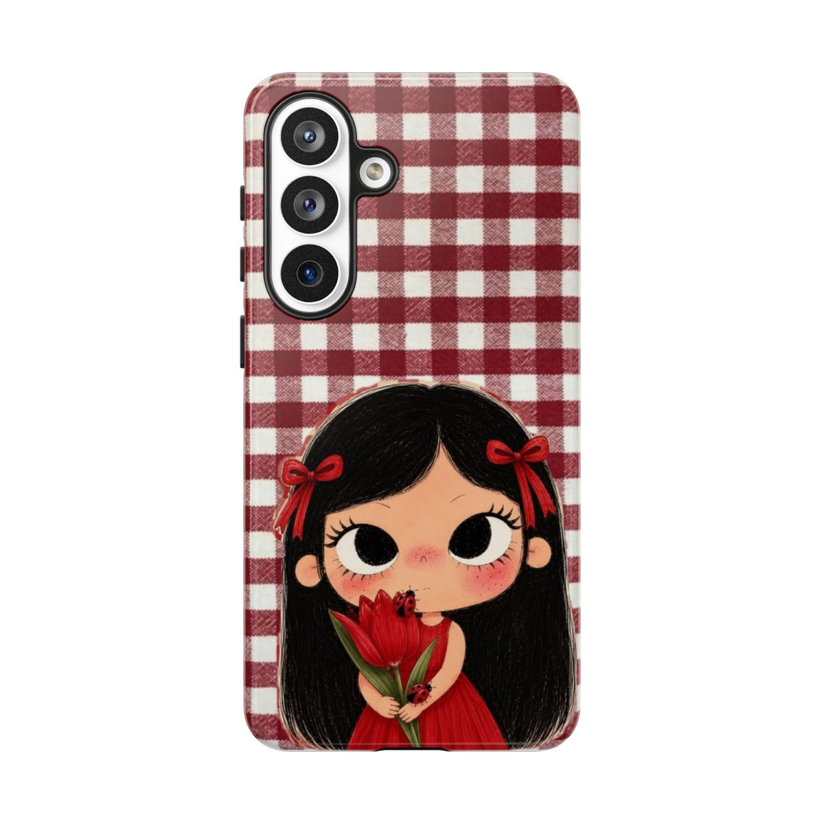 Cute Red Gingham Girl Phone Case – Floral Heartfelt Protective iPhone Cover